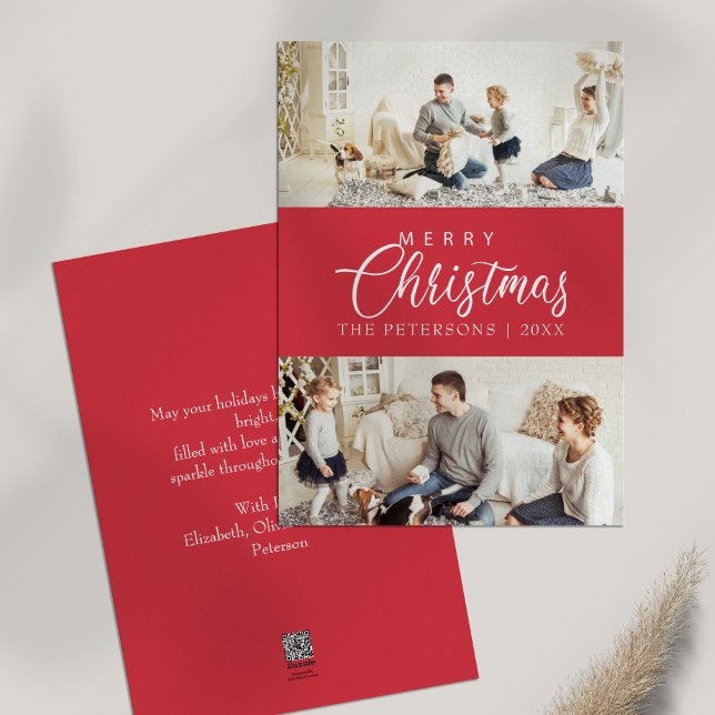 Modern Bright Pink Photo Collage Christmas  Holiday Card (Modern Bright Pink Photo Collage Christmas Holiday Card on white table)