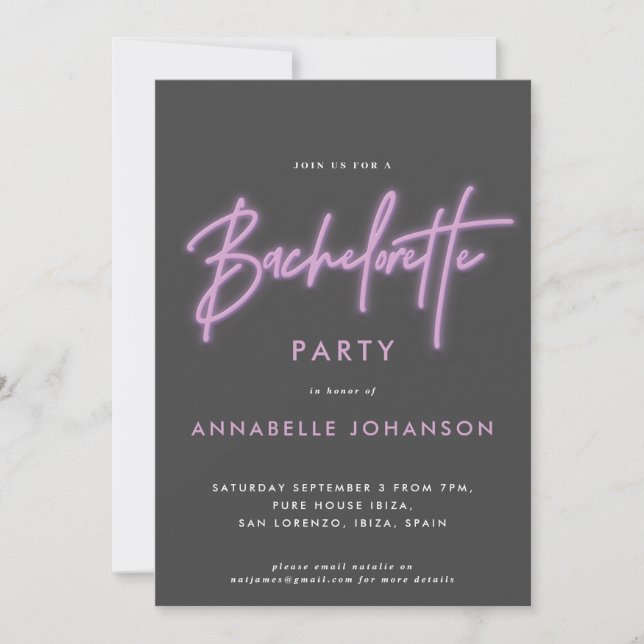 Modern bright purple girly neon bachelorette  invitation (Front)