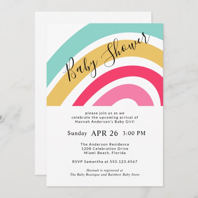 Modern Bright Rainbow Baby Shower for Girl Invitation (Front/Back)