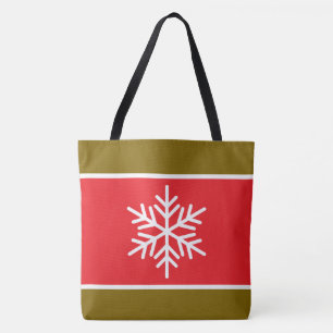 Modern Bright Red Brown Stripes White Snowflake Tote Bag