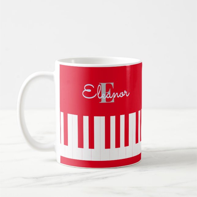 Modern Bright Red Piano Keys Monogrammed Coffee Mug (Left)