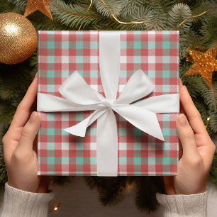 Modern Bright Red Teal White Plaid Holiday Gift Wrapping Paper