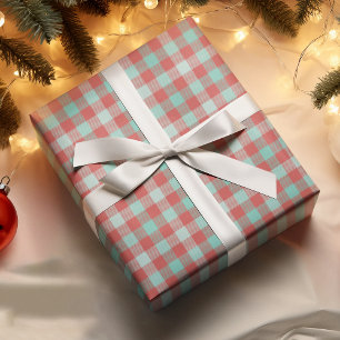 Modern Bright Red Teal White Plaid Holiday Gift Wrapping Paper