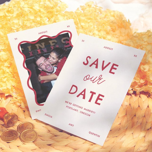 Modern Bright Retro Wavy Frame Photo Wedding Save The Date (Creator Uploaded)