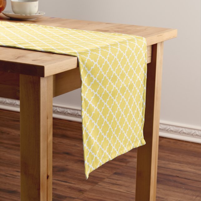 Modern Bright Yellow Quatrefoil Geometric Pattern Short Table Runner (In Situ)