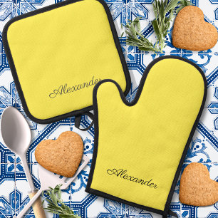 Modern  Bright yellow  template,  Black Script  Oven Mitt & Pot Holder Set
