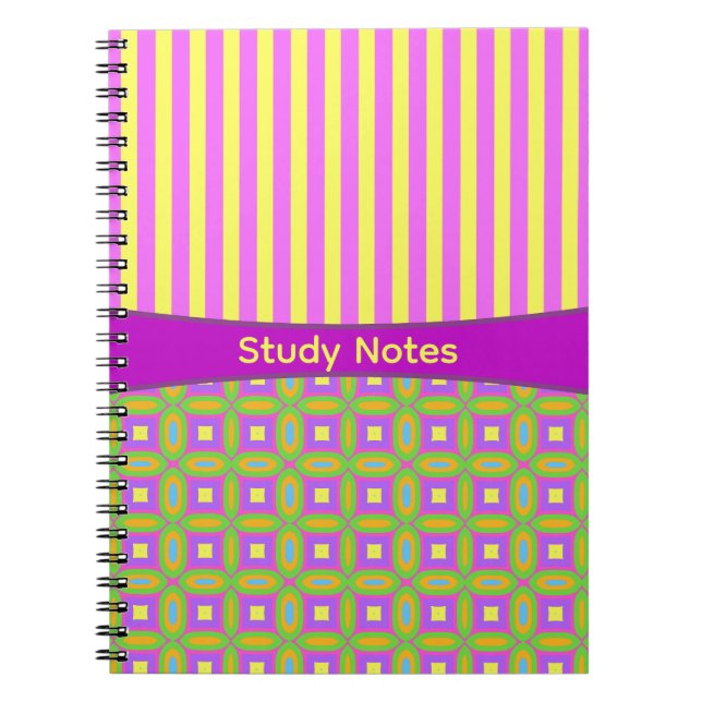 Modern Brightly Coloured Stripes & Squares Notebook (Front)