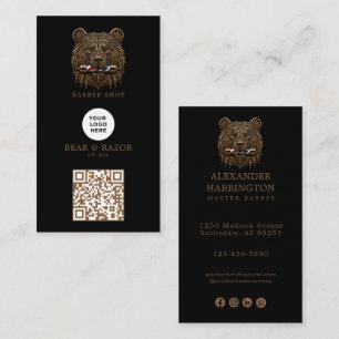 Modern Bronze Bear Barber Shop Logo Qr Code Business Card