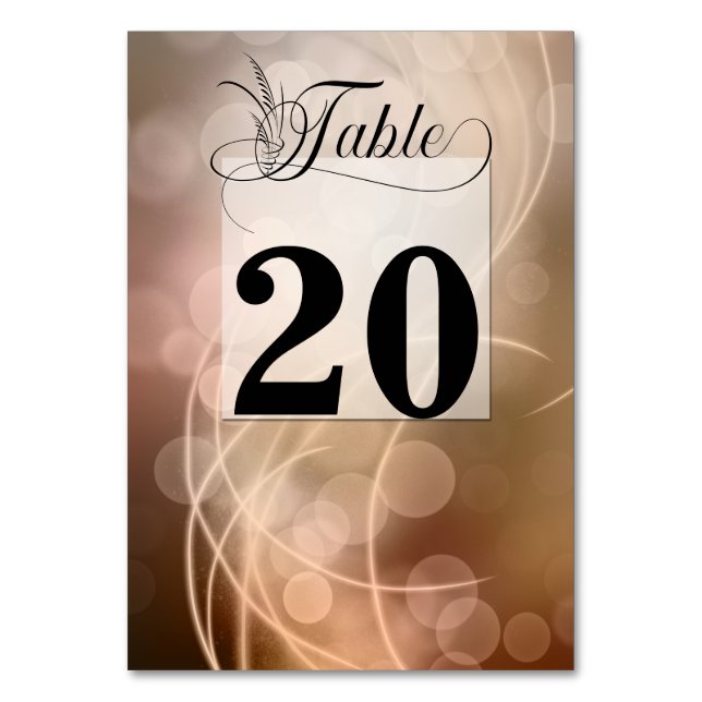 Modern Bronze Bokeh Lights & Typography Table Number (Front)