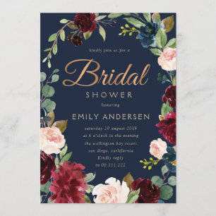 Modern Bronze script burgundy navy bridal shower Invitation