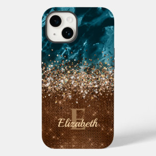 Modern Bronze Turquoise Glitter Marble monogram Case-Mate iPhone 14 Case