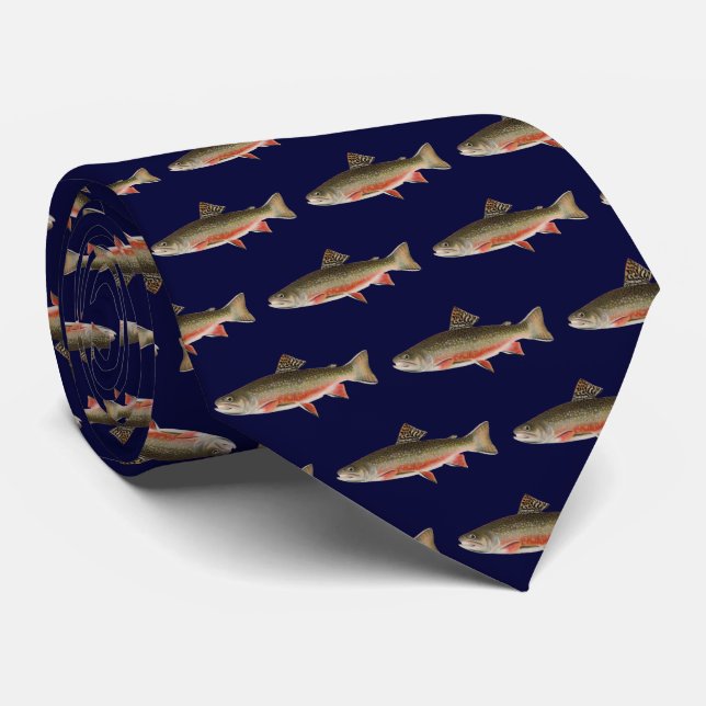 Modern Brook Trout Fish Navy Blue White Fisherman Tie (Rolled)