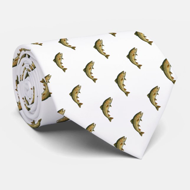 Modern Brook Trout Fish Navy Blue White Fisherman Tie (Rolled)