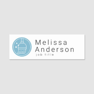 Modern Broom Logo Blue Cleaning Service Name Tag