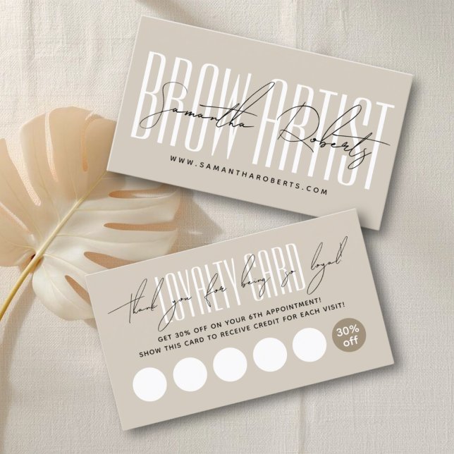 Modern brow artist script typography beige loyalty card (Creator Uploaded)