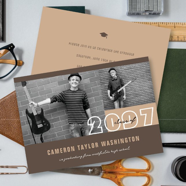Modern Brown 2 Photo Block Simple Graduation Party Invitation (Modern Brown 2 Photo Blocks Simple Graduation Announcement & Party Invitation @ fatfatin)