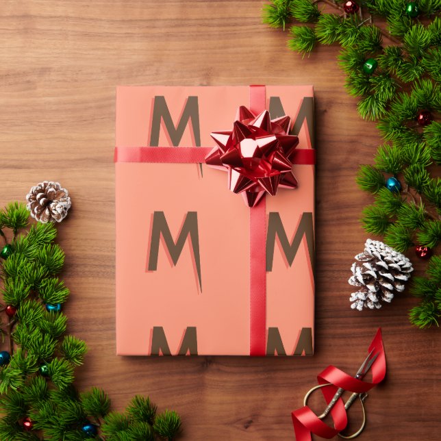 Modern Brown 3D Text Initial Letter | Salmon Pink  Wrapping Paper (Holiday Gift)