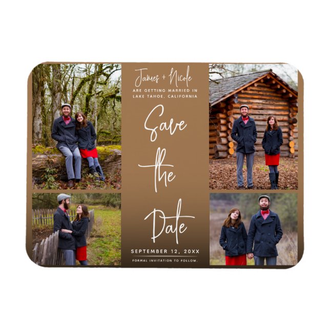 Modern Brown 4 Photos Save the Date Wedding  Magnet (Horizontal)