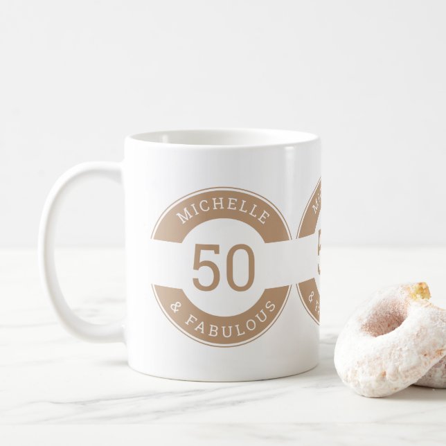 Modern Brown 50 and fabulous Birthday Party Name Coffee Mug (With Donut)