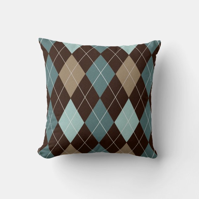 Modern Brown and Blue Argyle Throw Pillow Cushion (Front)