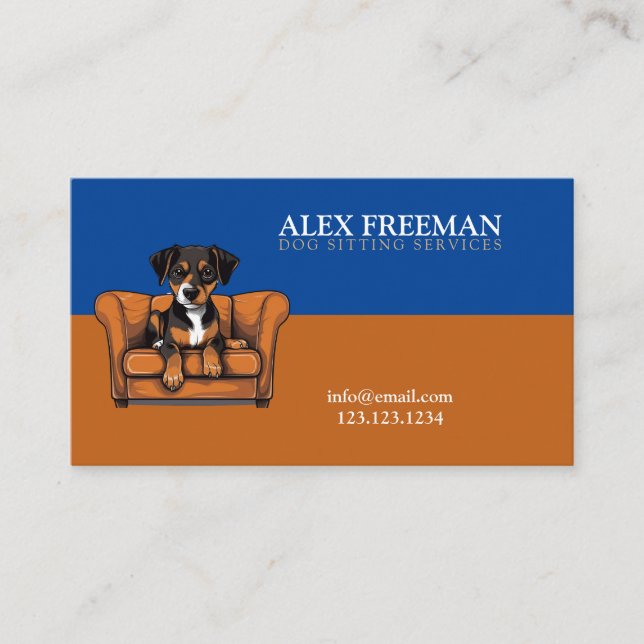 Modern Brown and Blue Sofa Puppy Dog Sitting Business Card (Front)