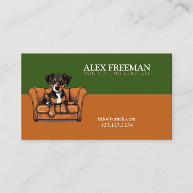 Modern Brown and Green Sofa Puppy Dog Sitting Business Card (Front)