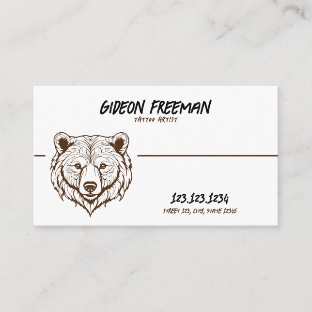 Modern Brown and White Bear Tattoo Artist Business Card (Front)