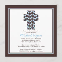 Modern Brown Blue Cross Boys Baptism Invitation