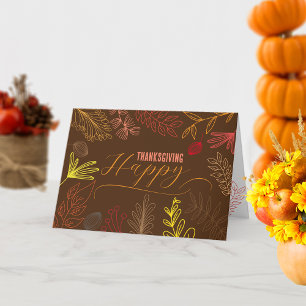 Modern Brown Botanical Line Art Fall Thanksgiving Card
