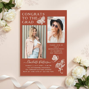 Modern Brown Butterfly Photo Graduation Party Acrylic Invitations