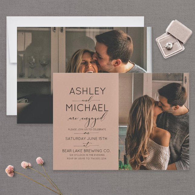 Modern Brown Calligraphy 2 Photo Engagement Party Invitation (Creator Uploaded)