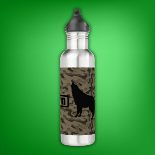 Modern Brown Camo Black Wolf Silhouette Monogram 710 Ml Water Bottle