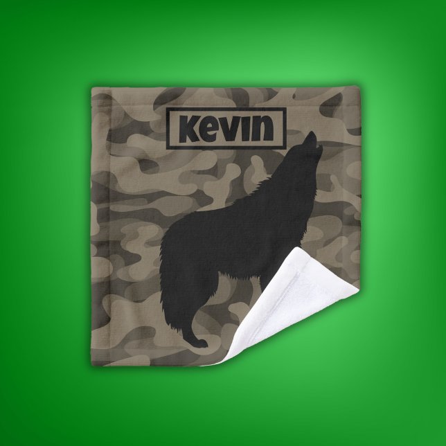 Modern Brown Camo Black Wolf Silhouette Monogram | Bath Towel Set (Creator Uploaded)