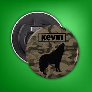 Modern Brown Camo Black Wolf Silhouette Monogram   Bottle Opener