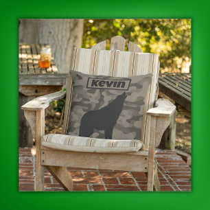 Modern Brown Camo Black Wolf Silhouette Monogram Cushion