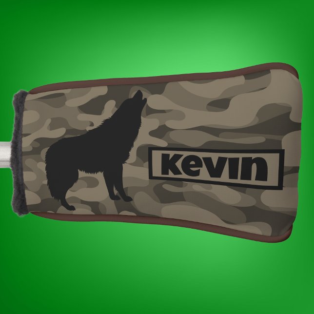 Modern Brown Camo Black Wolf Silhouette Monogram | Golf Head Cover (Creator Uploaded)