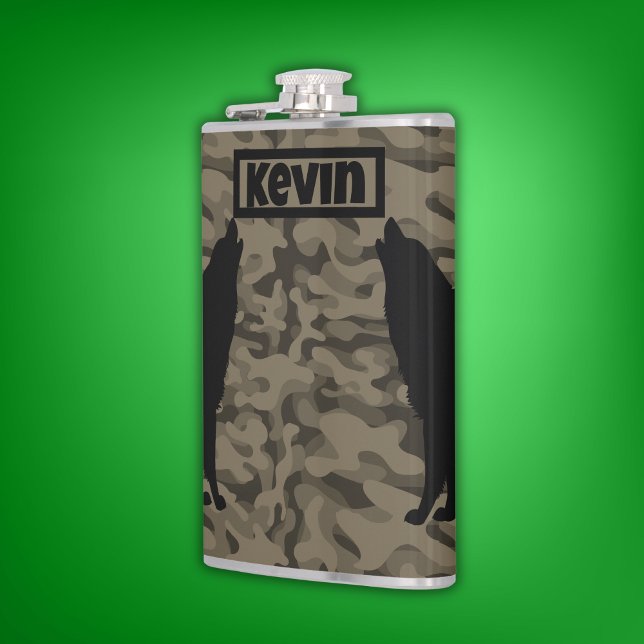 Modern Brown Camo Black Wolf Silhouette Monogram | Hip Flask (Creator Uploaded)