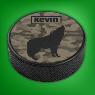 Modern Brown Camo Black Wolf Silhouette Monogram Hockey Puck
