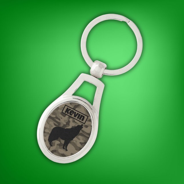 Modern Brown Camo Black Wolf Silhouette Monogram | Key Ring (Creator Uploaded)