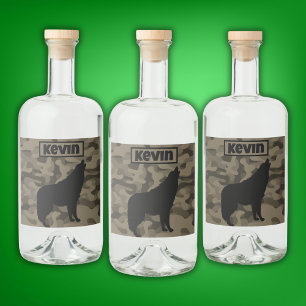 Modern Brown Camo Black Wolf Silhouette Monogram   Liquor Bottle Label
