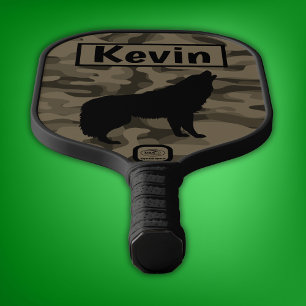 Modern Brown Camo Black Wolf Silhouette Monogram Pickleball Paddle