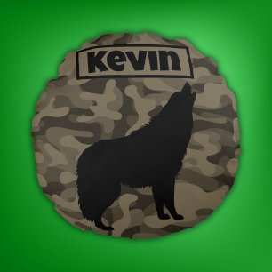 Modern Brown Camo Black Wolf Silhouette Monogram   Round Cushion