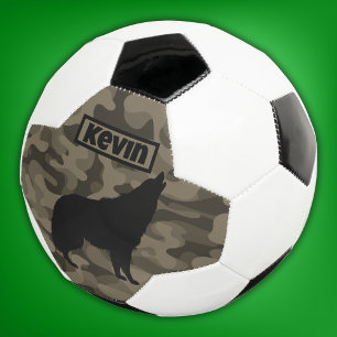 Modern Brown Camo Black Wolf Silhouette Monogram Soccer Ball
