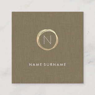 Modern Brown Classic Linen Elegant Gold Monogram Square Business Card