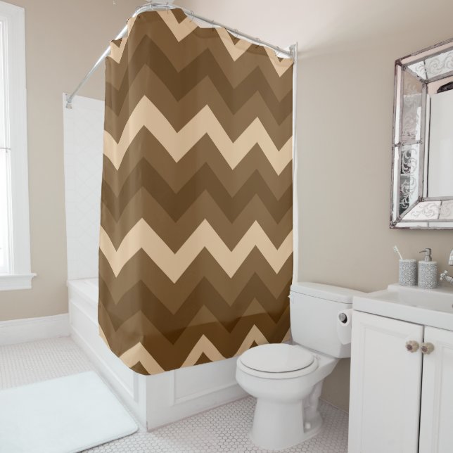 Modern Brown & Cream Chevron Zigzag Shower Curtain (In Situ)