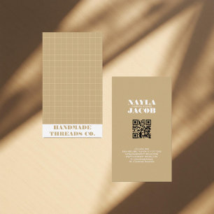 Modern Brown Earth Tone Checkered Pattern QR Code  Business Card