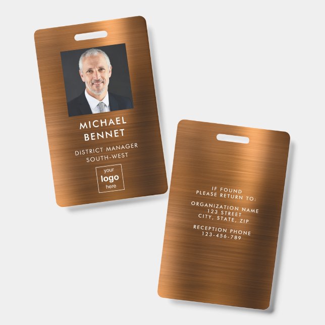 Modern Brown Faux Metallic Corporate Photo ID Badge (Front & Back)
