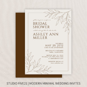 Modern Brown Foliage Outline Wedding Bridal Shower Invitation