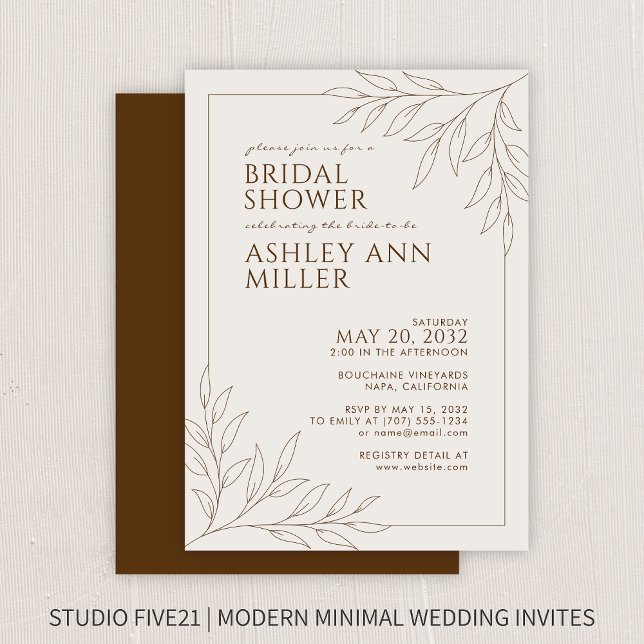 Modern Brown Foliage Outline Wedding Bridal Shower Invitation (Creator Uploaded)
