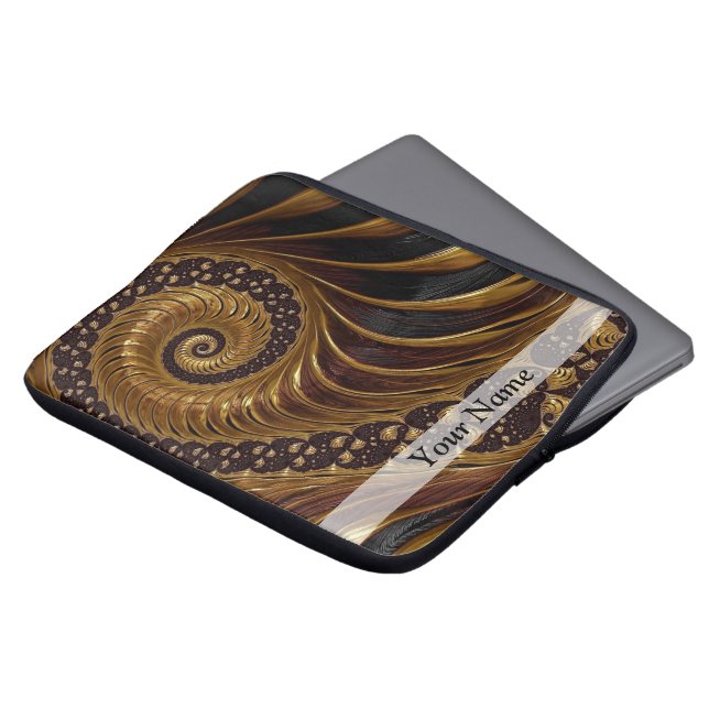 Modern brown fractal spiral pattern laptop sleeve (Front Top)